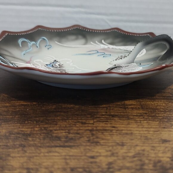 Moriage Embossed Blue Eyed Dragon Handled Nappy Plate RS Japan Porcelain Vintage - Picture 14 of 15
